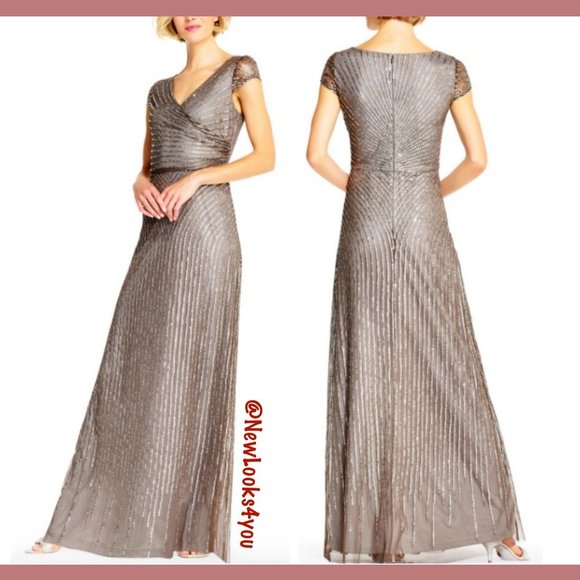 NEW $299 Adrianna Papell Sequin Faux Wrap Gown‎ in Lead [SZ 14 ] - Picture 4 of 10